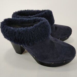 ROCKPORT Katja Blue Suede Clogs Shearling Slip On Mules Size 8.5